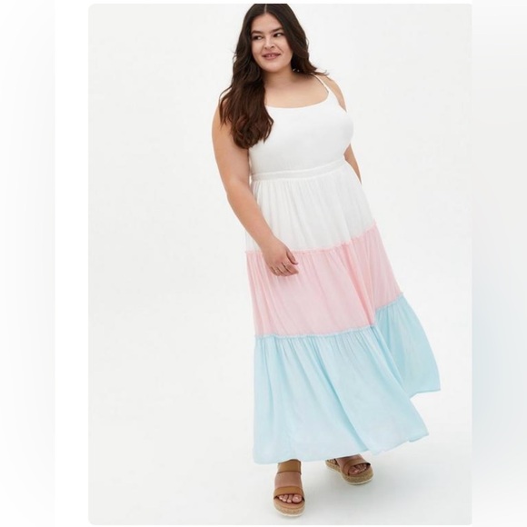 torrid Dresses & Skirts - TORRID White/Pink/Blue Multi Colorblock Challis Tiered Maxi Dress Size 0
